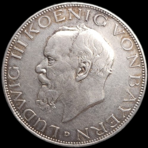 1914-D Germany Bavaria Ludwig III 3 Mark 90% Silver Coin AU; Toned!!