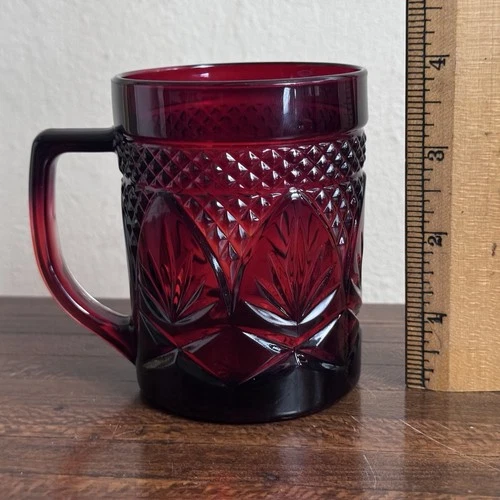 Vtg Ruby Red Pressed Cut Glass Coffee Mug Cup Made in France Luminarc Arcoroc