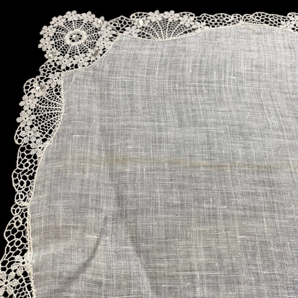 Vtg Hanky Handkerchief Cream Linen Lace Edge with Prong Set Rhinestones - Image 4 of 4