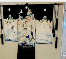 Antique Japanese Boys Silk Kimono with Exquisite Embroidered Cranes.