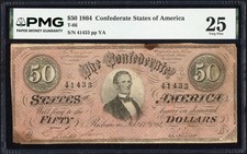 1864 $50 Fifty Dollar Confederate States of America CSA Note T-66 PMG VF 25