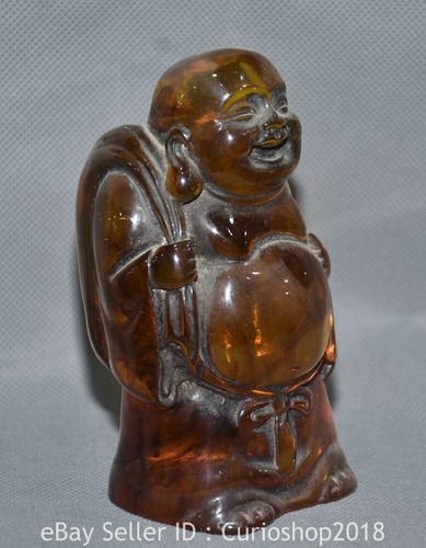 4.6" Old Chinese Buddhism Amber Carving Happy Laugh Maitreya Buddha Sculpture - 第 2/4 張圖片