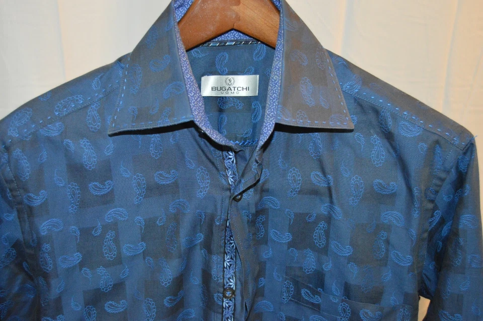 Bugatchi - 蓝色佩斯利优雅男式合身正装衬衫  — 第 4/4 张图片