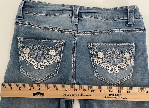 Pantalones de mezclilla ajustados elásticos Knox Rose bordados con joyas talla 6 medio azul lavado - Imagen 12 de 12
