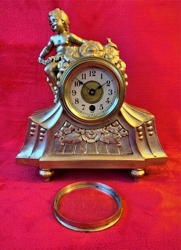 Antique Bronze Cherub Clock Mantel Figural Clock 10-20's - Afbeelding 2 van 10