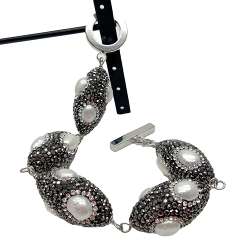 Freshwater Cultured White Pearl Black Rhinestone Pave Olive shape Bracelet 8.5" - Picture 3 of 7