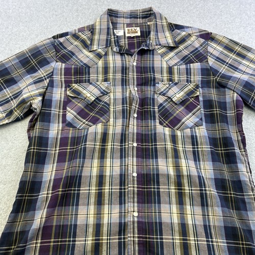 Ely Cattleman Shirt Mens Large Blue Purple Plaid Short Sleeve Pearl Snap Adult - Picture 8 of 9