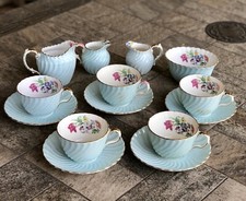 14 Pc Aynsley 27 Pale Blue Gold Trim Floral Teacups, Saucers, Creamers Tea Set