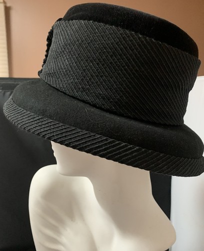 Whittall & Shon Black Cloche Hat with Black Velvet And Cloth Trim - Picture 3 of 5