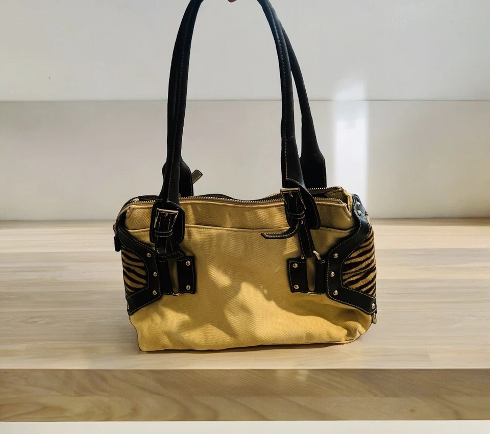 Fortuna Valentino Cartera Bolso de Hombro Lona Tostada Cuero Piel Cebra Estampado Animal