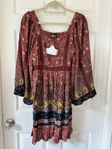 Angie Boho Dress with Bell Sleeves, Crochet Trim, Color - Spice, Size M, NWT