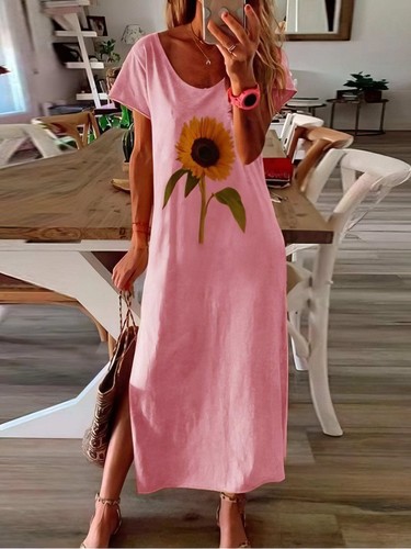 Sunflower Print Short-sleeved Slit Dress - 第 39/46 張圖片