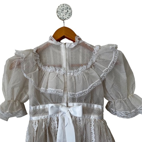 Vtg Girls Swiss Dot Flocked Sheer Pinafore Dress Ruffle Lace Trim Ivory Size 7 8 - Picture 7 of 7