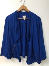Chicos Blazer Drape open front Blue womens 3/4 Sleeve Career Zip Pockets Size 1