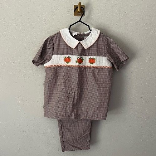 Southern Smocked Company 2 Piece Outfit Pumpkins Brown/White Collared Size 5 - Picture 8 of 8