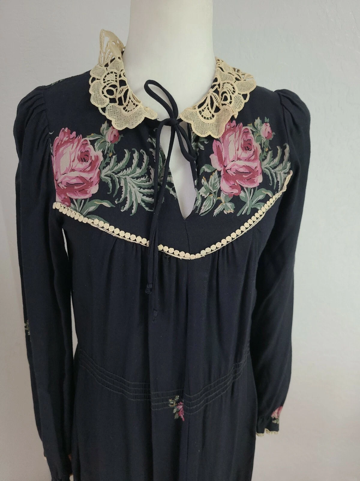 Vintage Boho Dress, Cactus N.y.c Label, Black Hippy With Pink Roses Medium Retro
