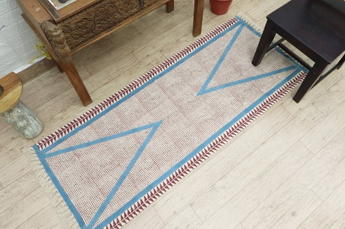 Large Red Blue Runner Rug Washable Cotton Dhurrie Hallway Indoor Area Carpet - Picture 3 of 12