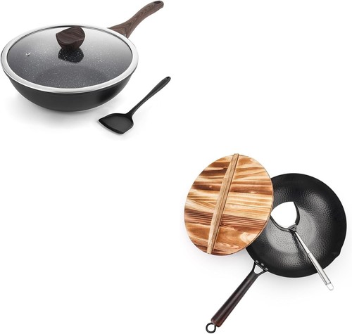 Kordisen Kohlenstoffstahl Wok Pfanne mit Deckel, 12,6 Zoll beschichteter chinesischer Wok - Bild 6 von 9