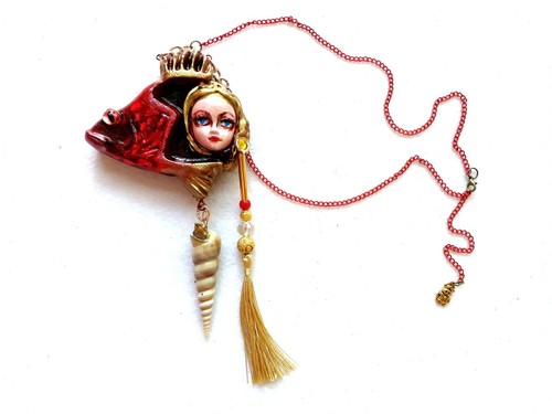 Red Fish Jewelry Pisces Shell Necklace Pendant Art Deco Doll Jewellery Pearl Bib - Picture 13 of 24
