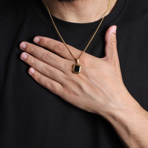 Gold Onyx Pendant Chain Necklace Stainless Steel Black Gemstone Pendant - Picture 2 of 7