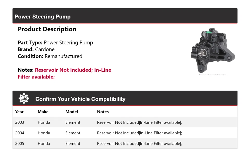 Насос гидроусилителя руля Cardone 2004 для Honda Element 2003-2005 годов выпуска - Изображение 2 из 4