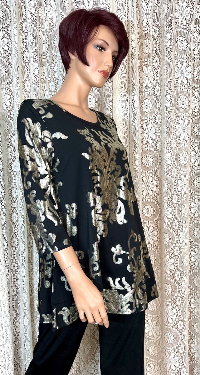 JOSTAR POLY SPANDEX TUNIC TOP Stretch 326GL 376GF Black Gold LAYERED HEM M L XL JOSTAR POLY SPANDEX TUNIC TOP Stretch 326GL 376GF Black Gold LAYERED HEM M L XL