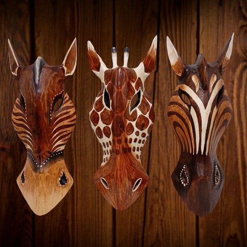 Giraffe Horse Wood Mask Animal Safari Hand Carving Wall Decor 10 in Set02 - Picture 2 of 13