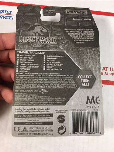 Matchbox 2015 JURASSIC WORLD MOVIE EDITION TRAVEL TRACKER DIECAST RARE (13) - Picture 7 of 7