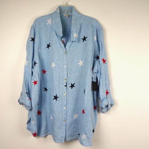 John Mark Embroidered Linen Tunic Top Women's Plus Size 3X Blue Stars Patriotic