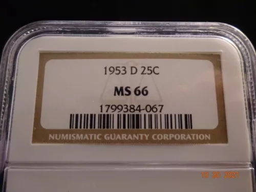 1953-D Washington Silver Quarter, NGC MS66  