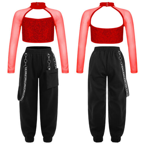 Girls 2Pcs Hip Hop Street Dance Clothes Set Crop Top with Jogger Pants Tracksuit - Picture 37 of 54