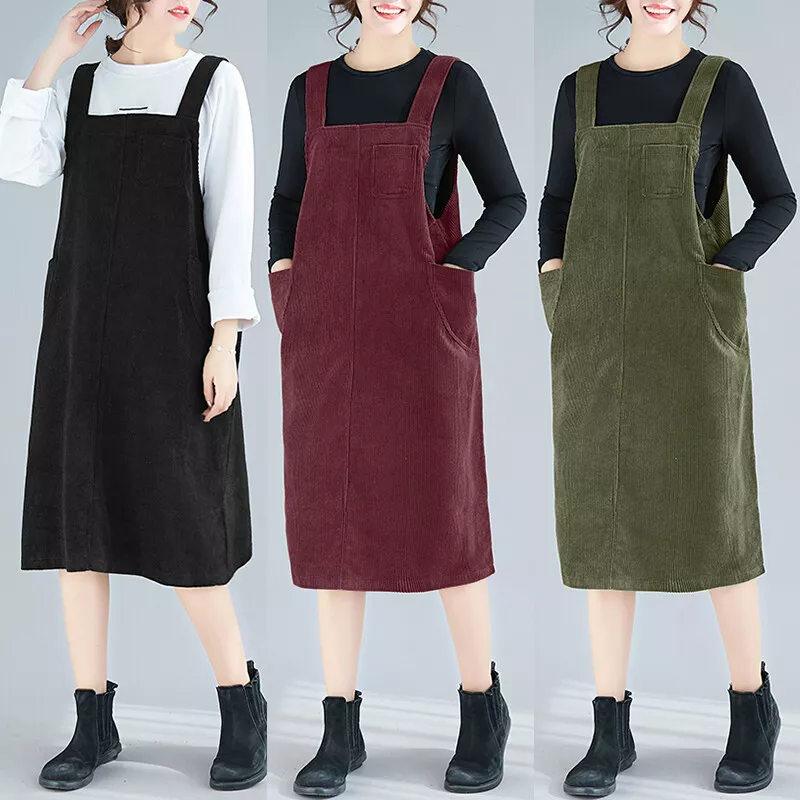 Women Sleeveless Bib Overalls Dungarees Solid Corduroy Long Midi Dress Plus  Size