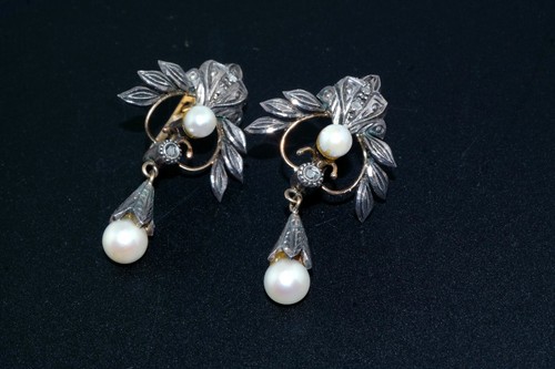 Victorian Pearl Rose Cut Diamond 18k Yellow Gold Silver Dangle Earrings Portugal