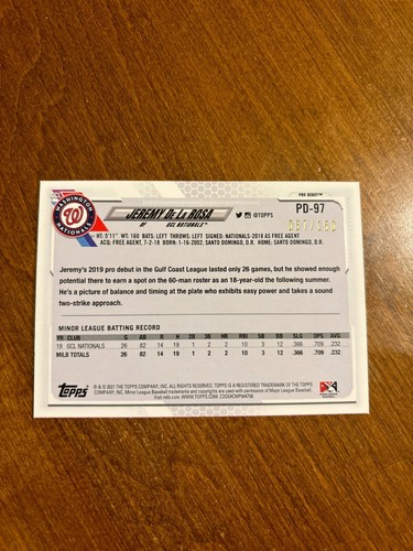 Jeremy De La Rosa 2021 Topps Pro Debut Blue PD-97 Washington Nationals /150 - Picture 2 of 2