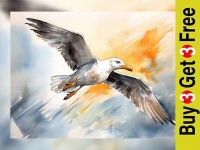 Soaring Seagull - Coastal Watercolor Painting Print of Skies 5'' x 7''