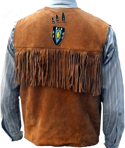 Chaleco con cuentas de cuero de gamuza marrón para hombre ropa occidental con flecos huesos NV20 - Imagen 3 de 4