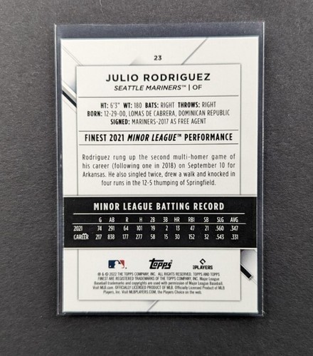 Julio Rodriguez 2022 Topps Finest Baseball Base Rookie Card RC #23 Mariners ROY - Foto 2 di 2