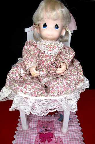 Vtg Precious Moments 16" Doll~Blond Hair Blue Eyes Pink Flower Dress Lace