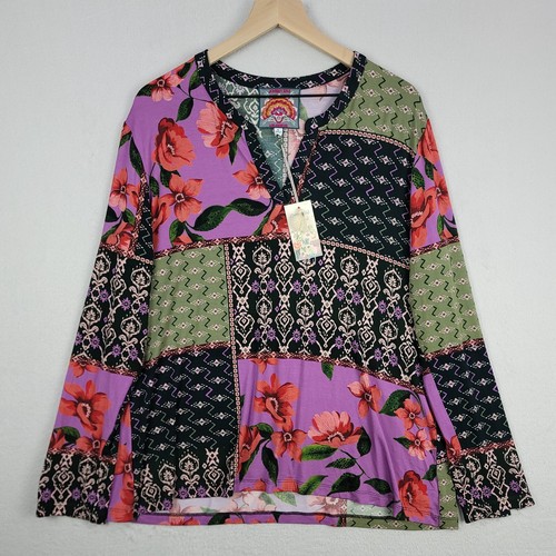 Johnny Was Zanda Oberteil mit geteiltem Ausschnitt Damen XL Multi Patchwork Viskose Stretch Boho Neu mit Etikett - Bild 1 von 11