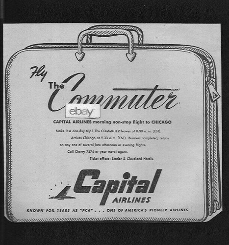 CAPITAL AIRLINES 1947 FLY THE COMMUTER MORNING NONSTOP CLEVELAND TO CHICAGO AD - 第 1/1 張圖片