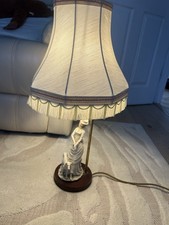 Victorian Vintage Table Lamps On Wooden Stand A Lady with A Dog