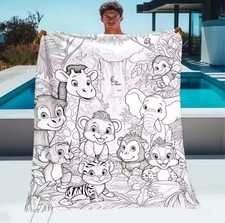 DIY Black White Coloring Animal Flannel Throw Soft Cozy Blanket for Bed, Sofa