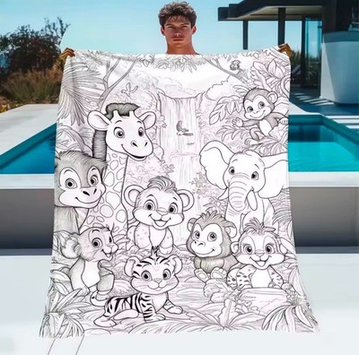 DIY Black & White Coloring Animal Flannel Throw Soft Cozy Blanket for Bed, Sofa