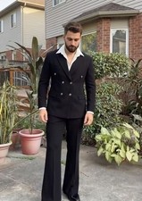 Men's Black Double Breasted 2 Piece Suit Slim fit 70's Retro Bell Bottom Pant