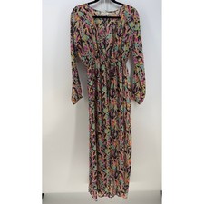Umgee Maxi Dress Women Small Multicolor Abstract Long Sleeve Boho Festival Flowy