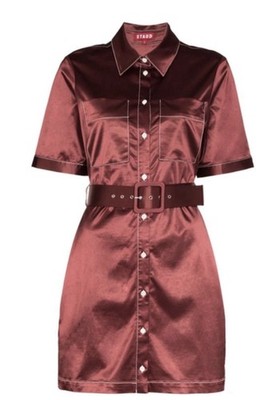 STAUD Satin Burgundy Mini Shirt Dress M Belted Collared Short Sleeve Button  Down | eBay