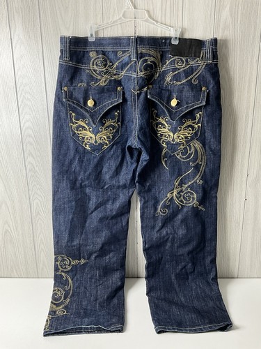 Y2K Embroidered Imperious Delf Trading Co Jeans Gold Filigree Size 40x32 - Picture 5 of 16