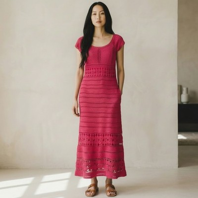VTG ABS by Allen Schwartz Pink Crochet Maxi Dress Cap Sleeve Pink Medium Y2K