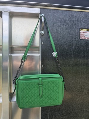 Bottega Veneta Green Woven Camera Bag, Zip Closure, Chain Strap
