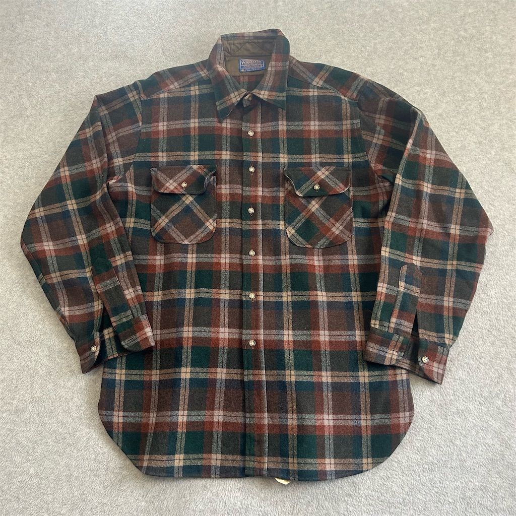 Vintage Pendleton Flannel Men's Large Wool Plaid Shirt Green Brown Tartan 70s
